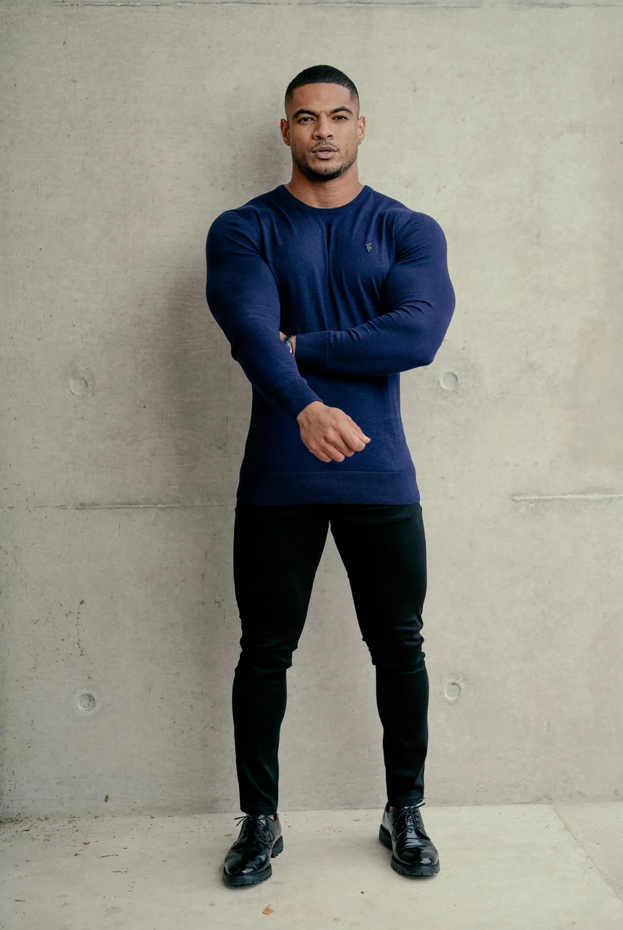 Father Sons Classic Navy Crew Neck Knitted Jumper with Metal Decal - FSN088