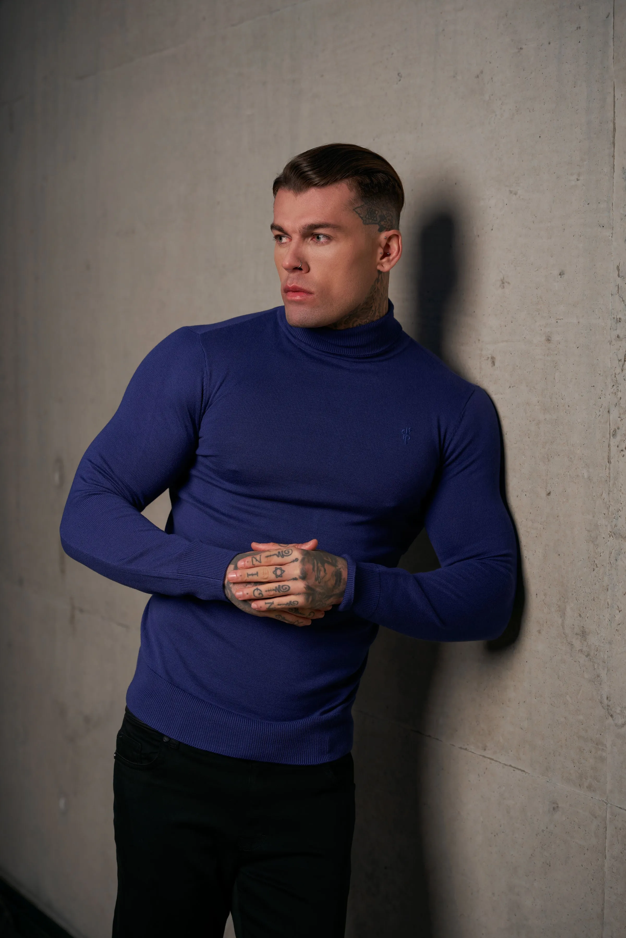 Father Sons Classic Ocean Blue Roll Neck Knitted Jumper With Tonal Emblem - FSN136