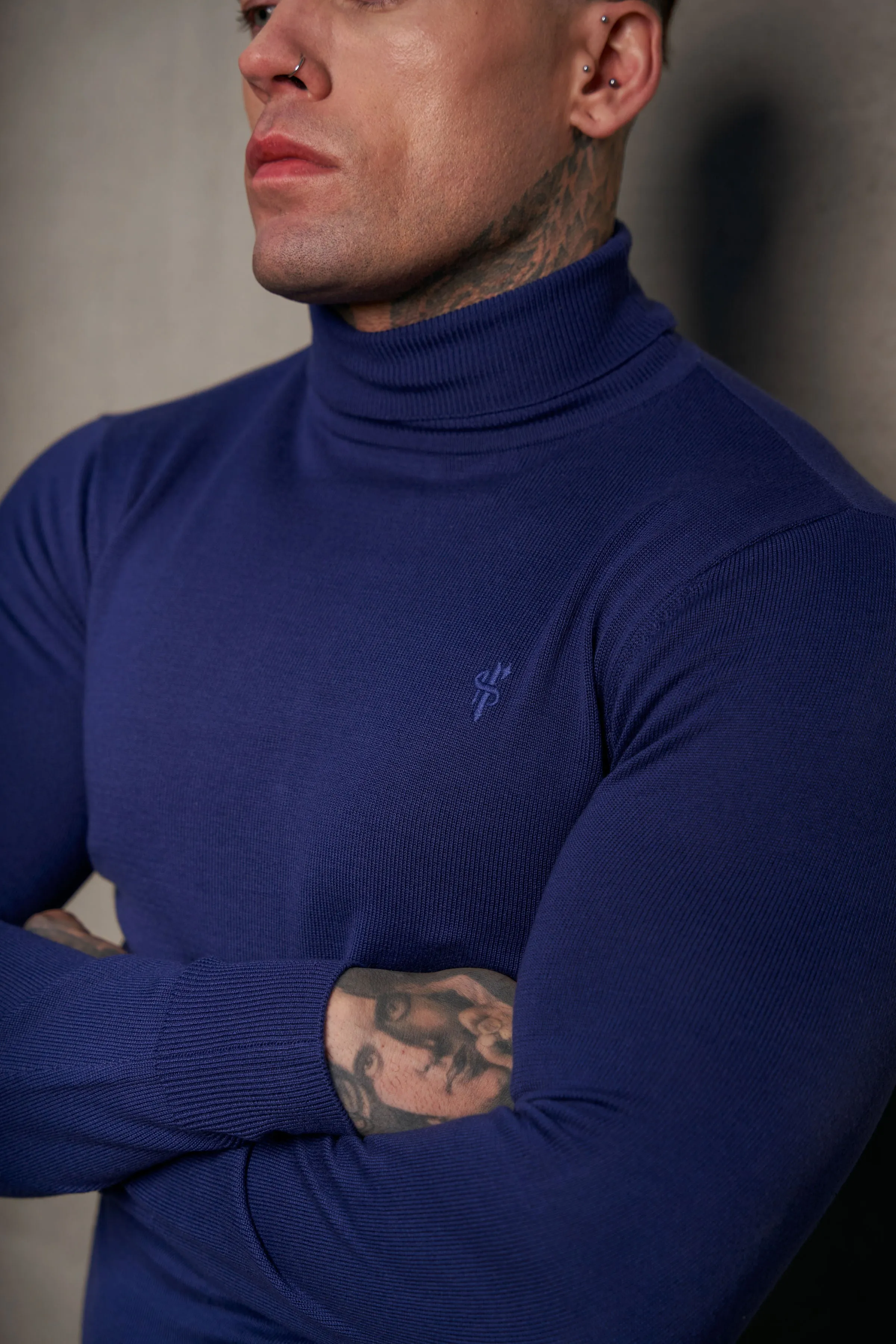 Father Sons Classic Ocean Blue Roll Neck Knitted Jumper With Tonal Emblem - FSN136