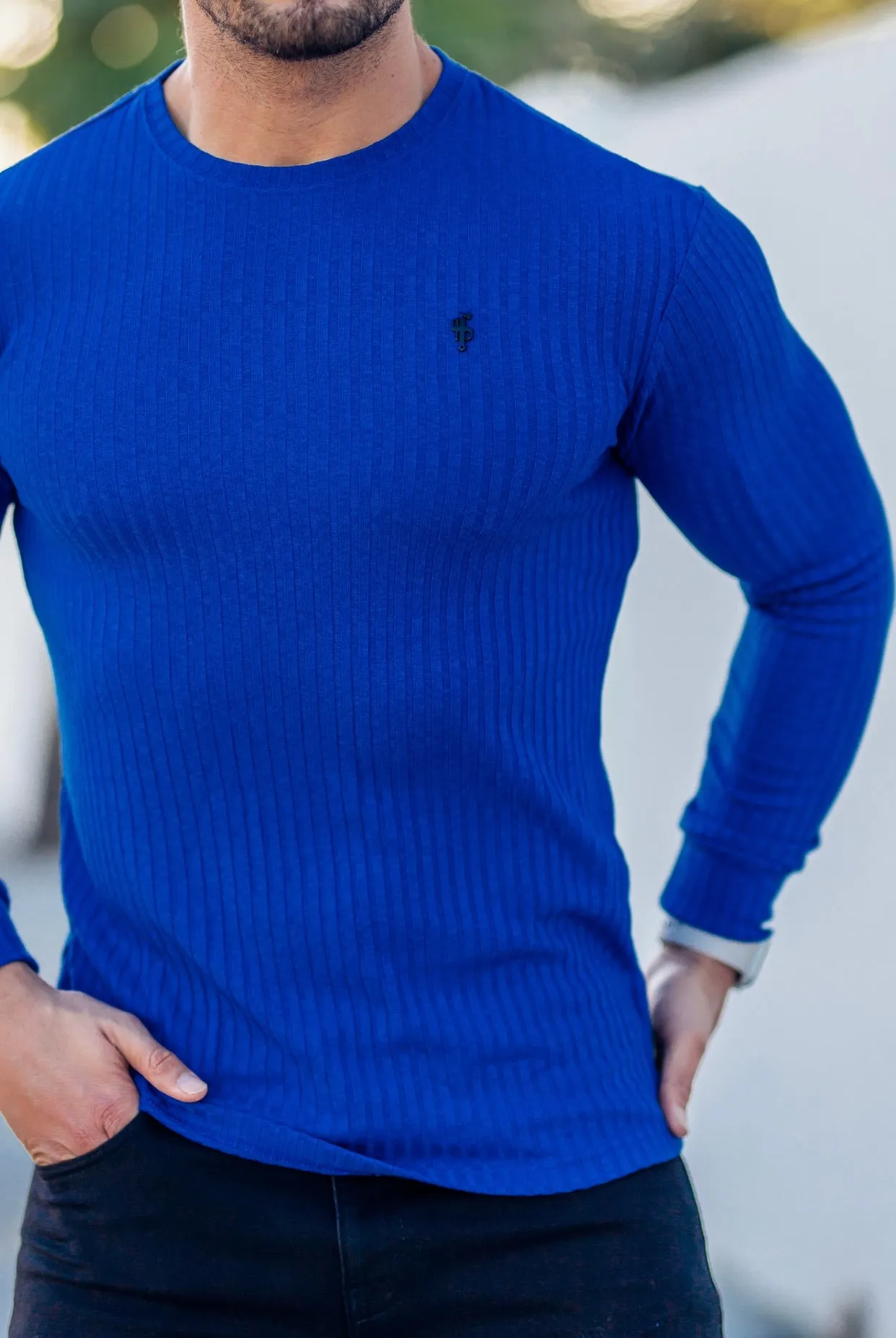 Father Sons Classic Royal Blue Ribbed Knit Jumper With Black Metal Emblem - FSH596