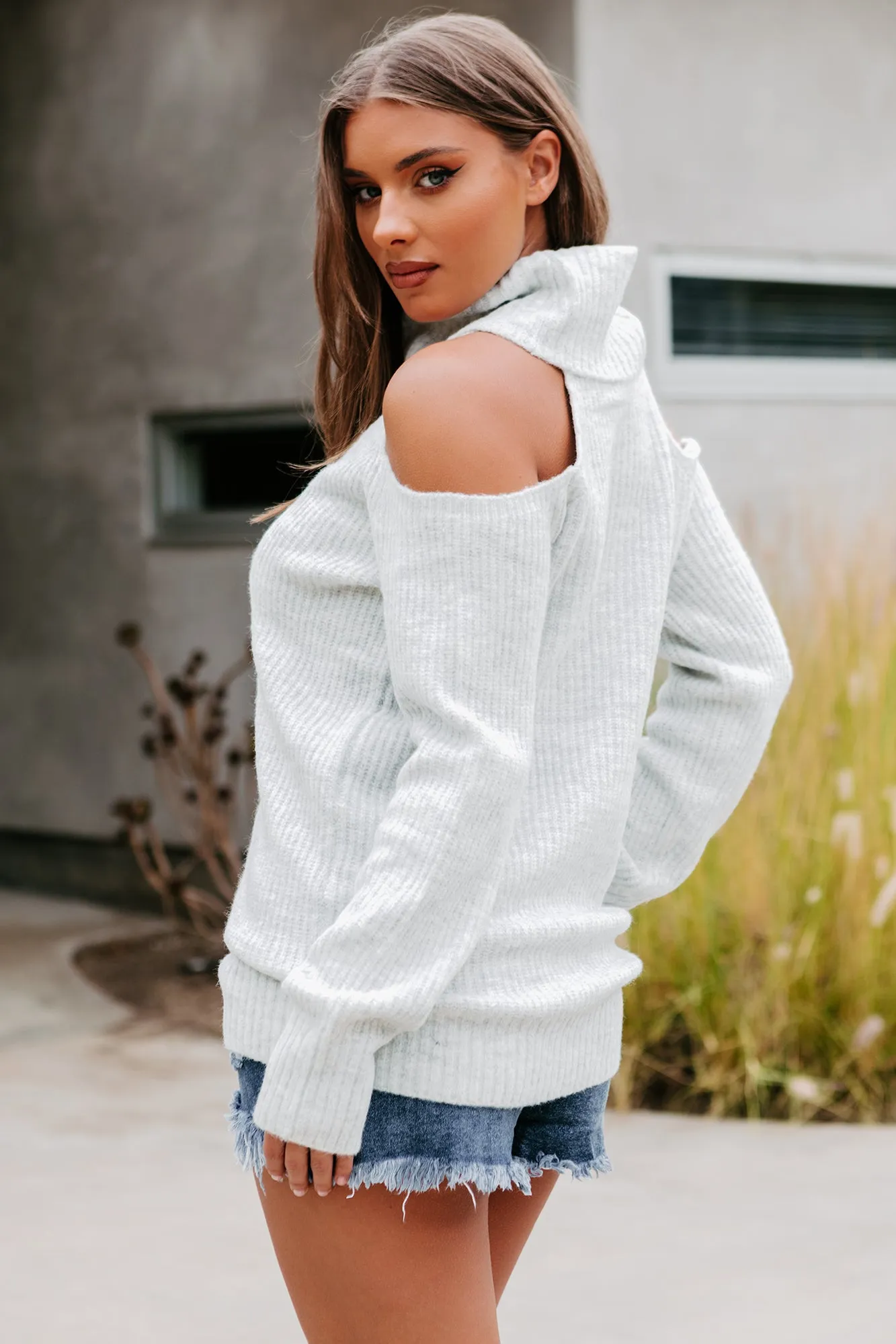 Find Your Courage Cold Shoulder Sweater (Light Heather Grey)