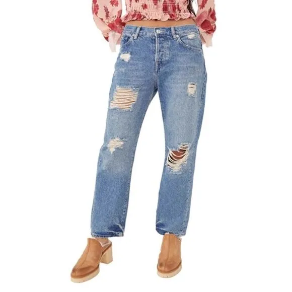 Free People We The Free Bren Boyfriend High Rise Baggy Distressed Jeans, Size 24