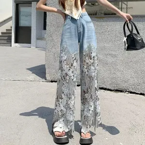 Frideswide - High Waist Denim Pants with Lace Details