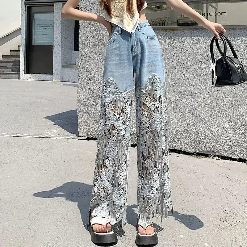Frideswide - High Waist Denim Pants with Lace Details