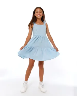 Girls Shoulder Pleat Tiered Dress - Light Blue