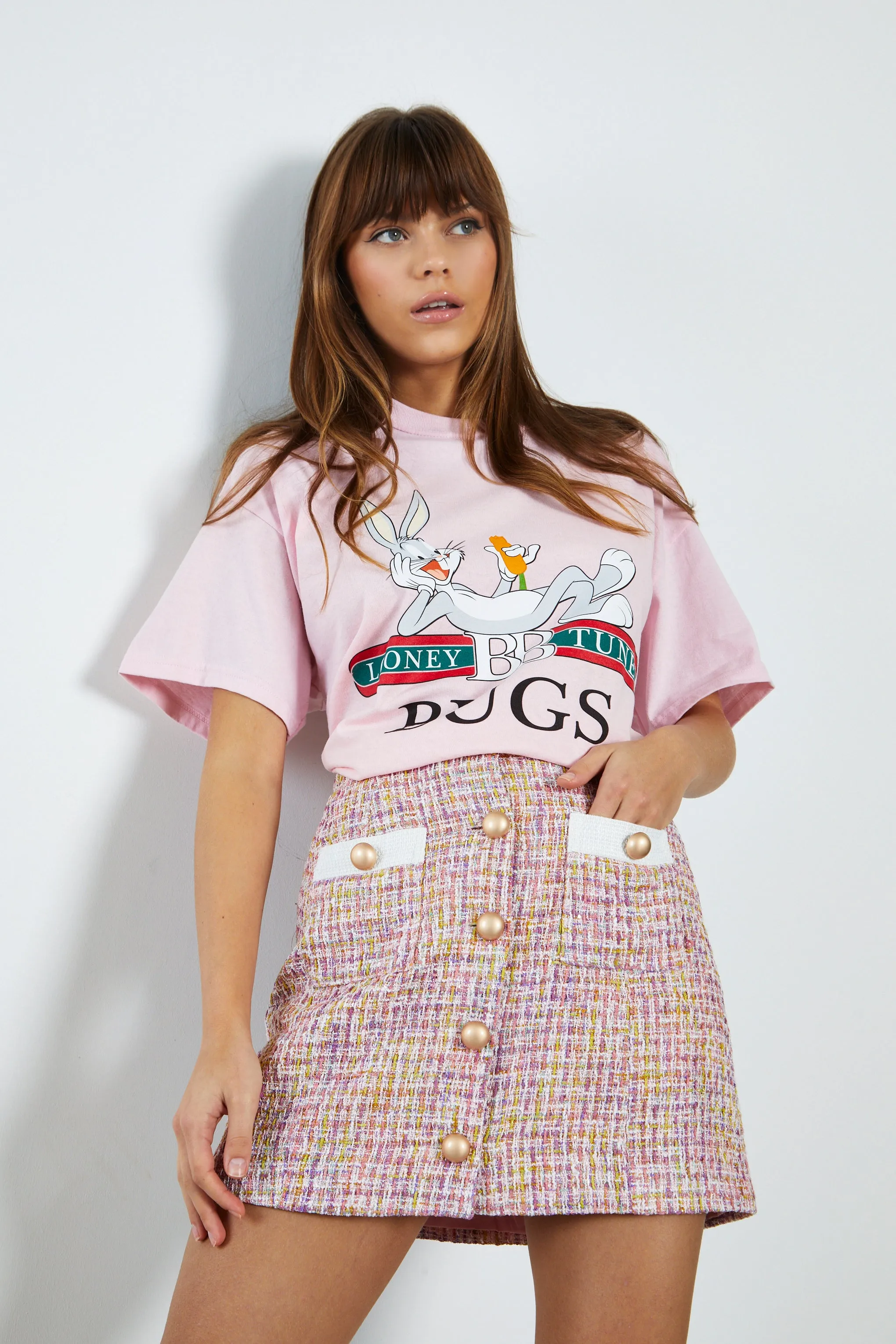 Glamorous Pink Multi Tweed White High Waisted Mini Skirt with Contrast Pockets