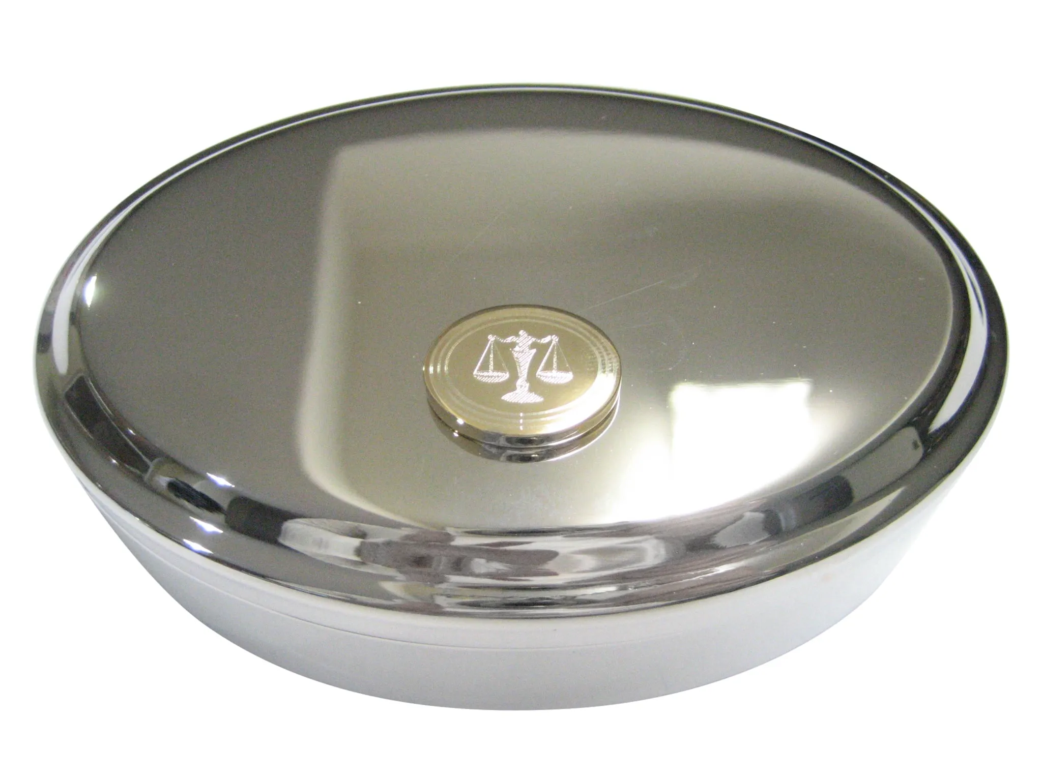 Gold Toned Etched Oval Scale of Justice Law Oval Trinket Jewelry Box