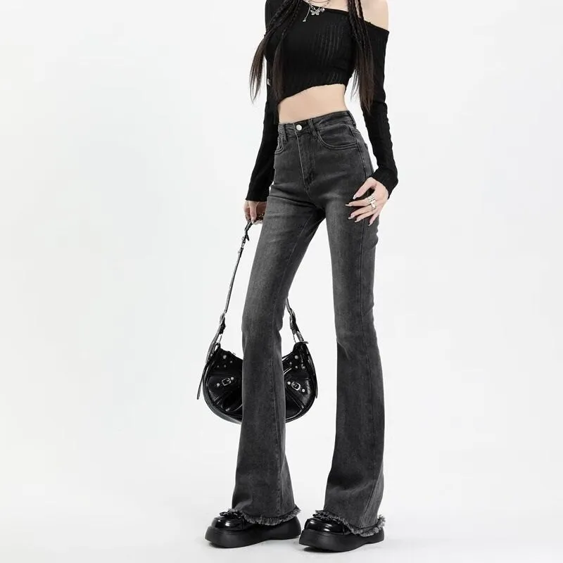 Grey Flared Freyed Hem Denim