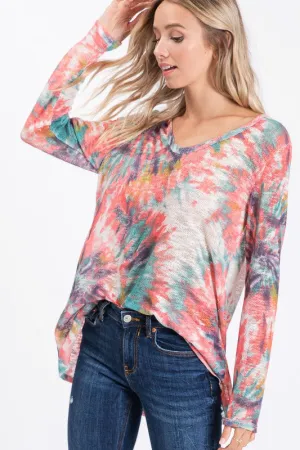 Hazel Blues® |  BiBi Tie Dye V-Neck Long Sleeve Hacci T-Shirt