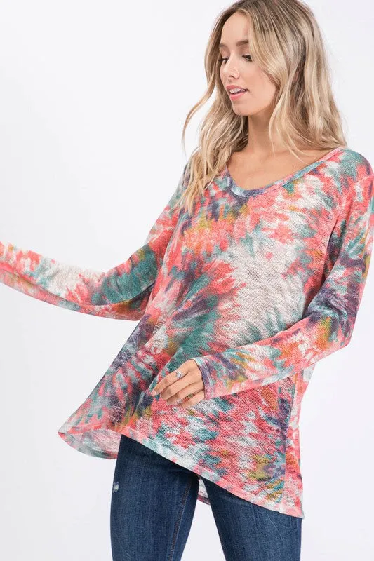Hazel Blues® |  BiBi Tie Dye V-Neck Long Sleeve Hacci T-Shirt