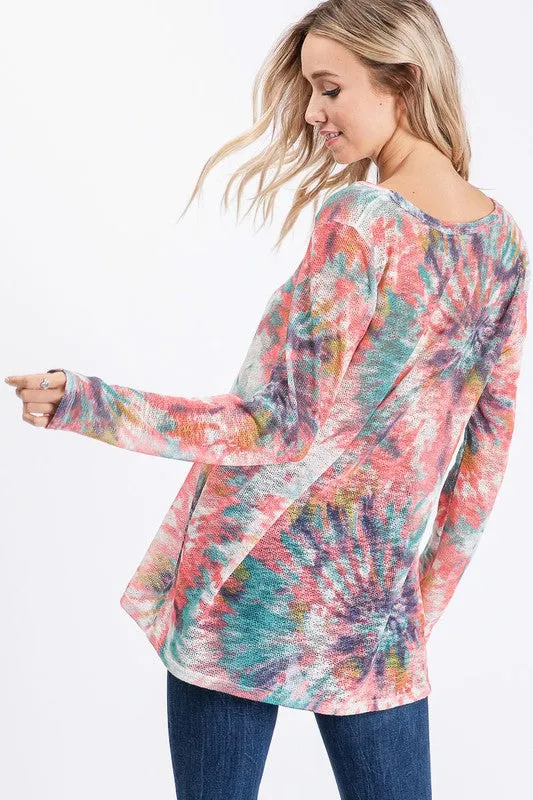 Hazel Blues® |  BiBi Tie Dye V-Neck Long Sleeve Hacci T-Shirt