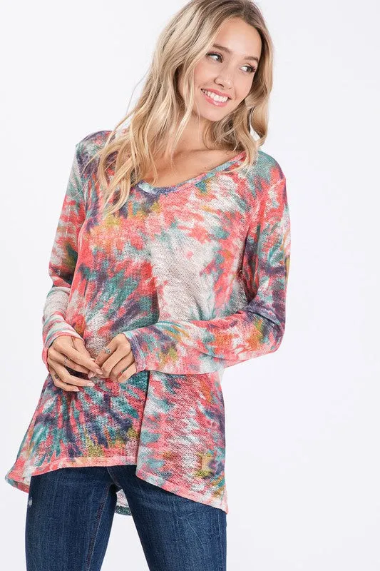 Hazel Blues® |  BiBi Tie Dye V-Neck Long Sleeve Hacci T-Shirt