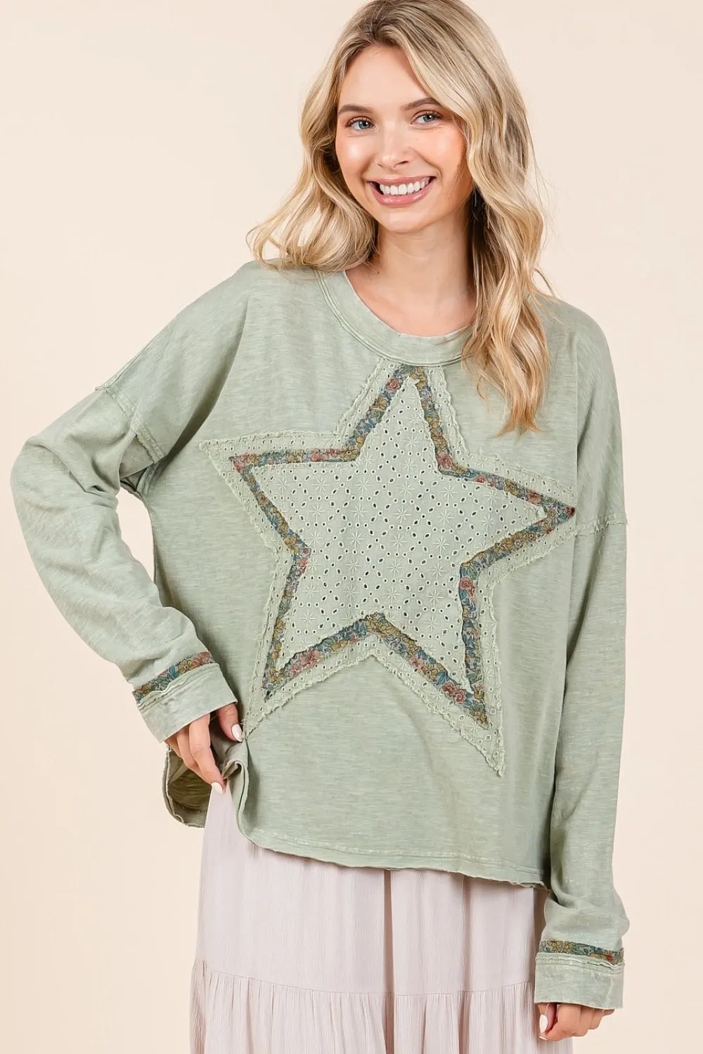 Hazel Blues® |  Mittoshop Mineral Wash Star Patch Long Sleeve T-Shirt