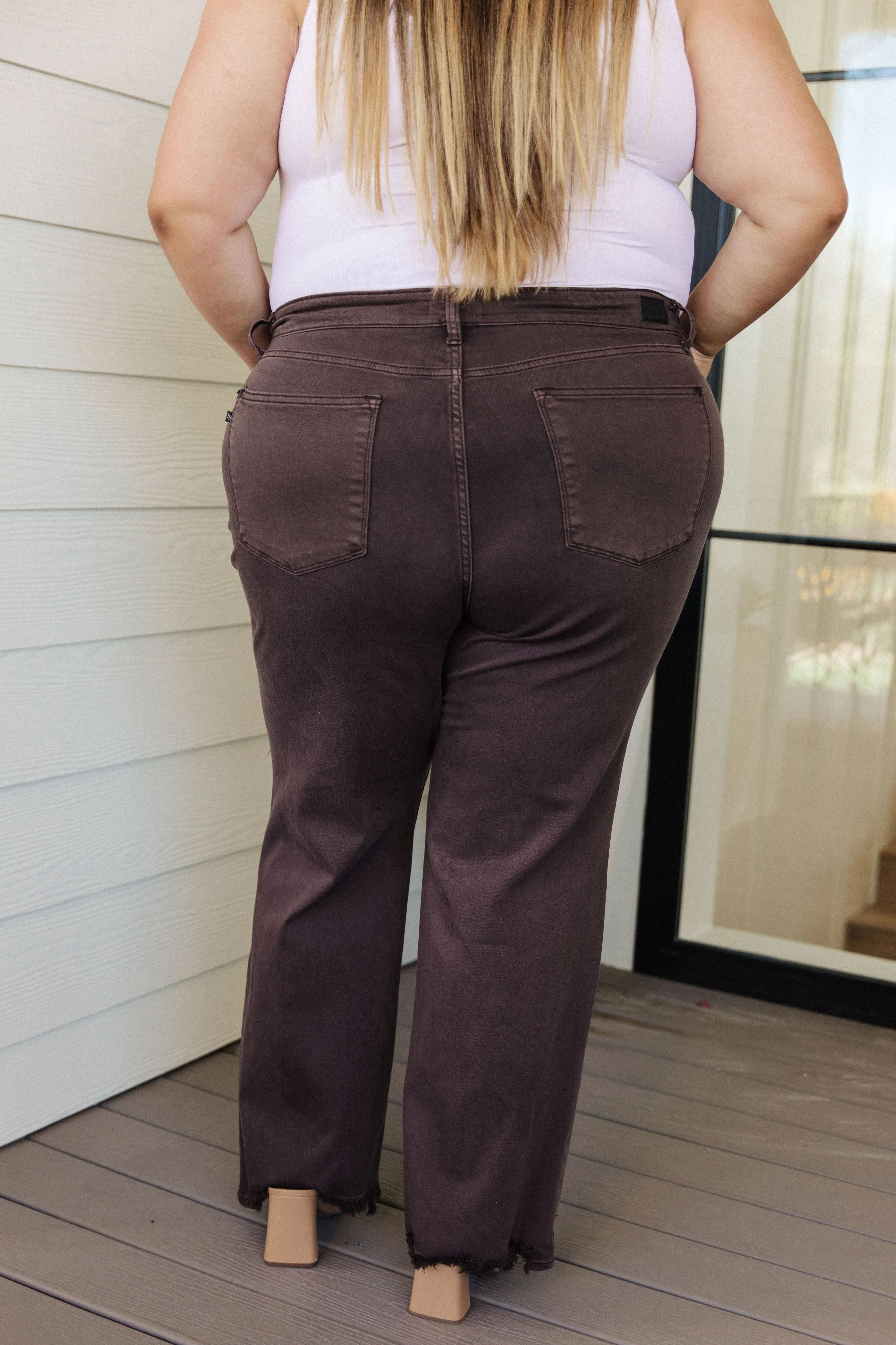 Hazel Blues® |  Sybil High Rise Frayed Hem 90's Straight Jeans in Brown