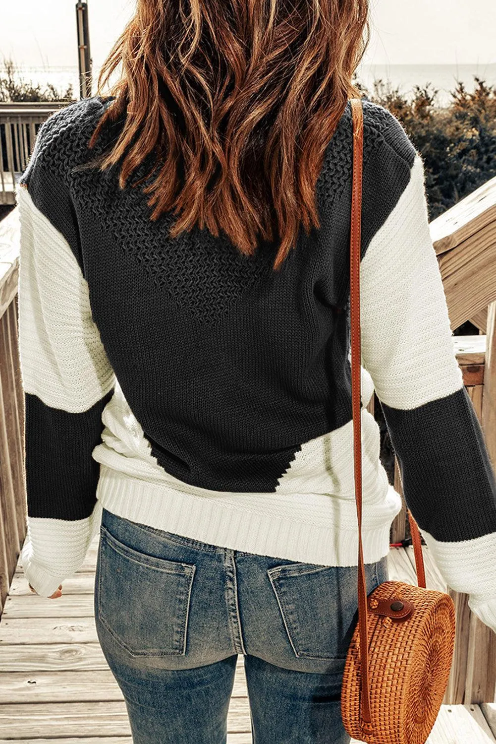 Hazel Blues® | Two-Tone Openwork Rib-Knit Sweater