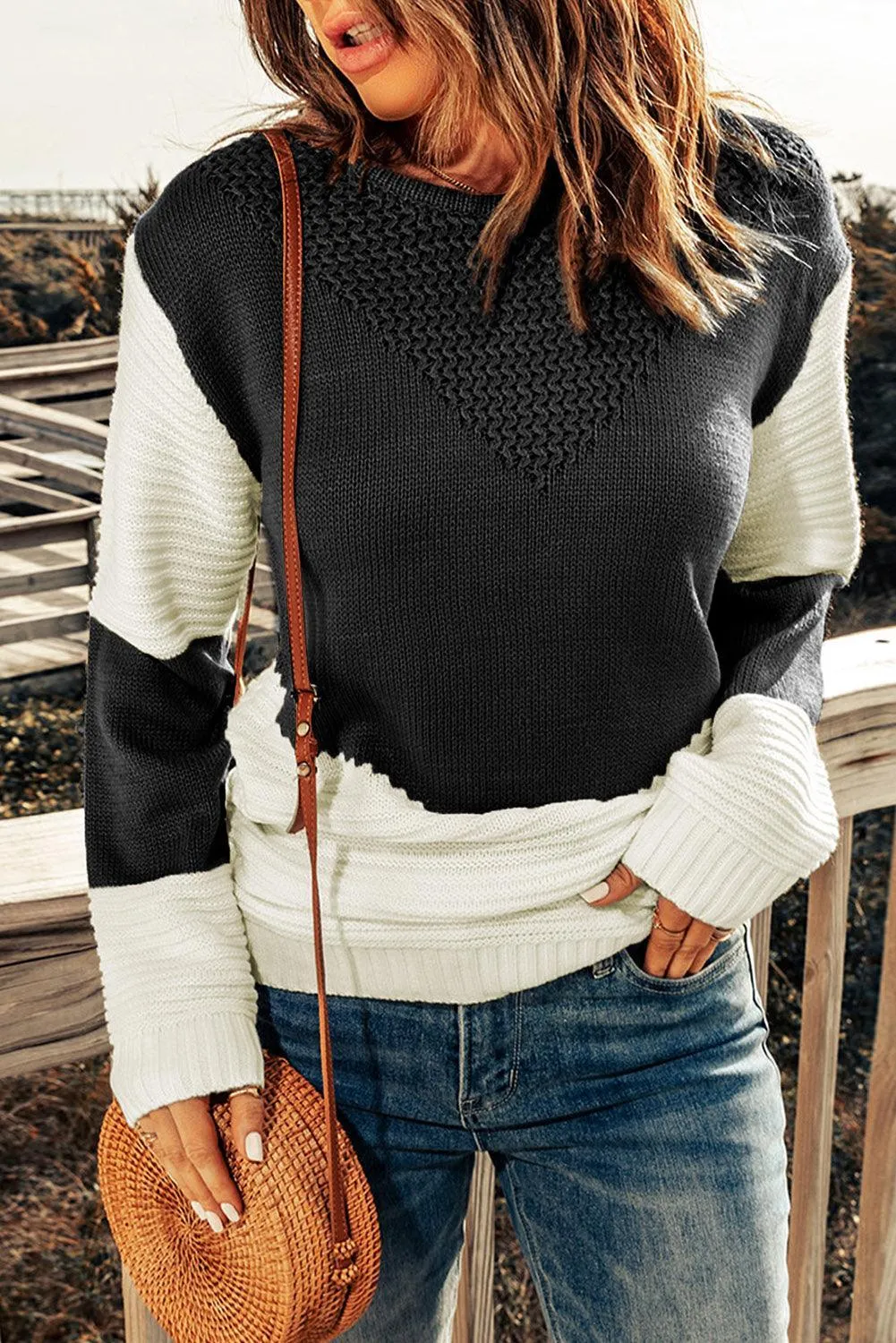 Hazel Blues® | Two-Tone Openwork Rib-Knit Sweater