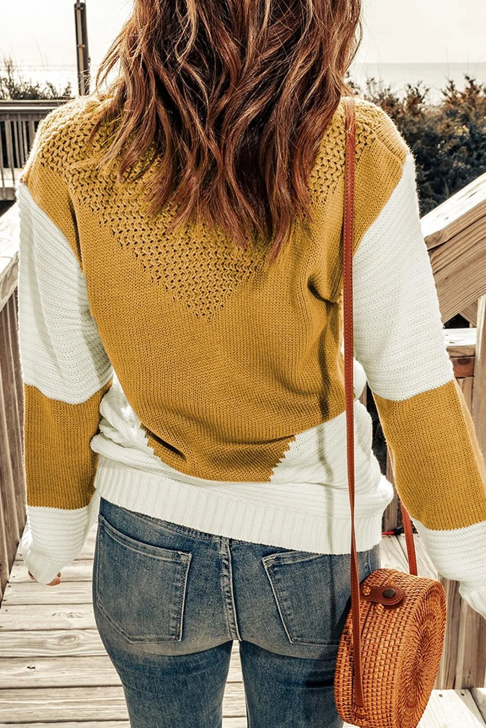 Hazel Blues® | Two-Tone Openwork Rib-Knit Sweater