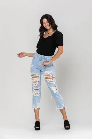 High Rise All Over Distress Straight JEANS