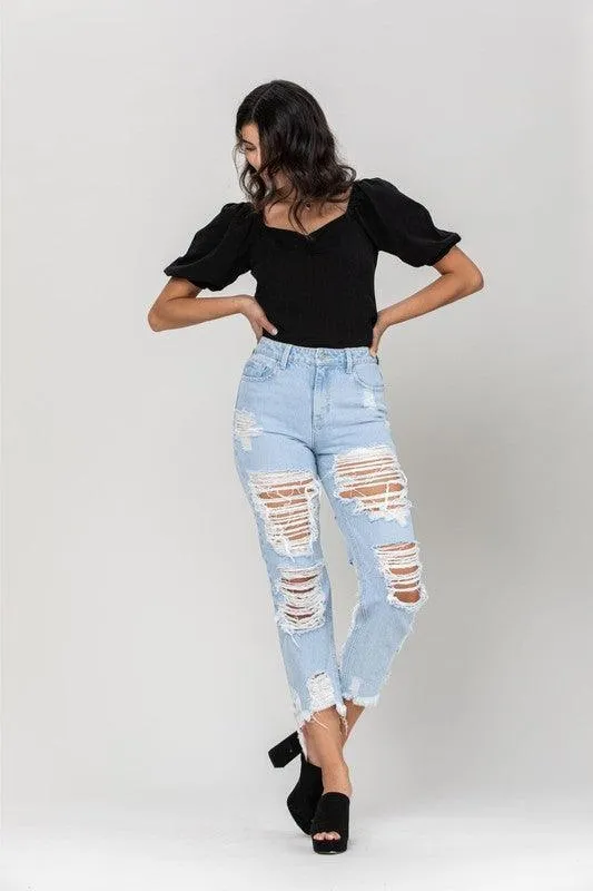 High Rise All Over Distress Straight JEANS
