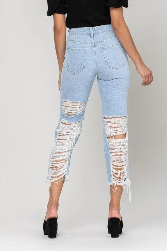 High Rise All Over Distress Straight JEANS