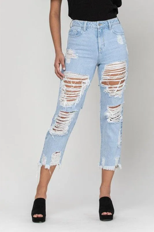 High Rise All Over Distress Straight JEANS