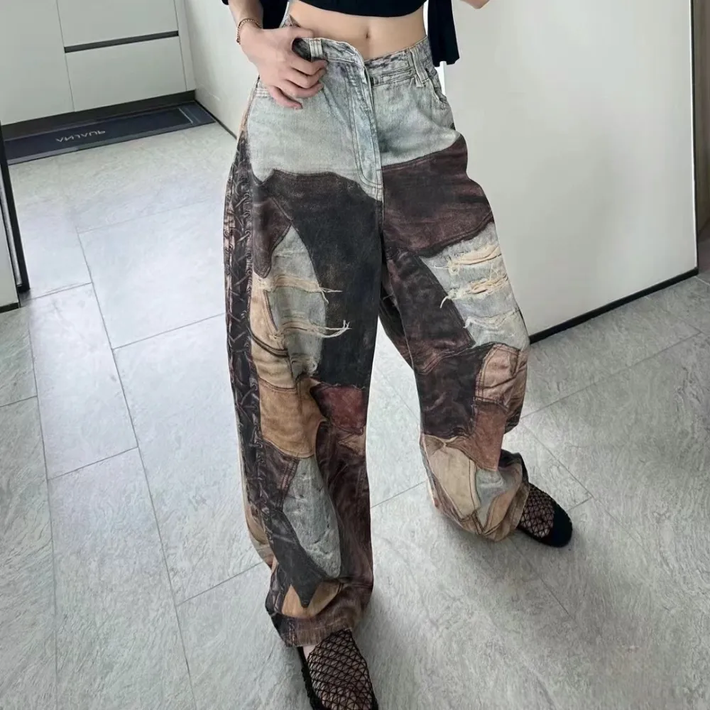 High Street Distressed Washed Printed Jeans