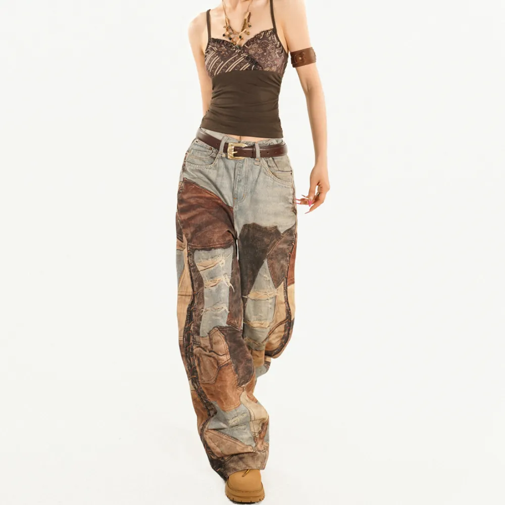 High Street Distressed Washed Printed Jeans