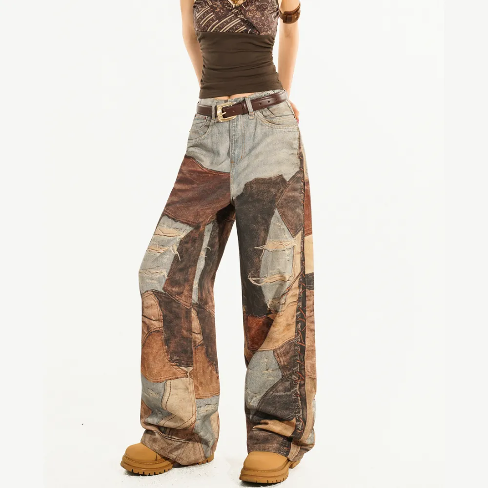 High Street Distressed Washed Printed Jeans