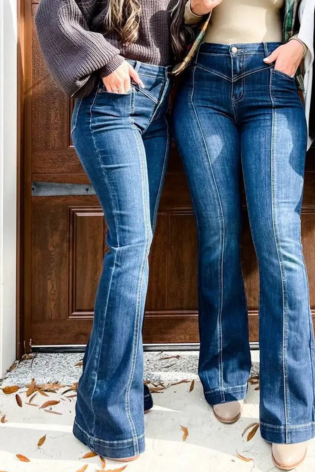 High Waist Seam Stitching Pocket Flare Jeans