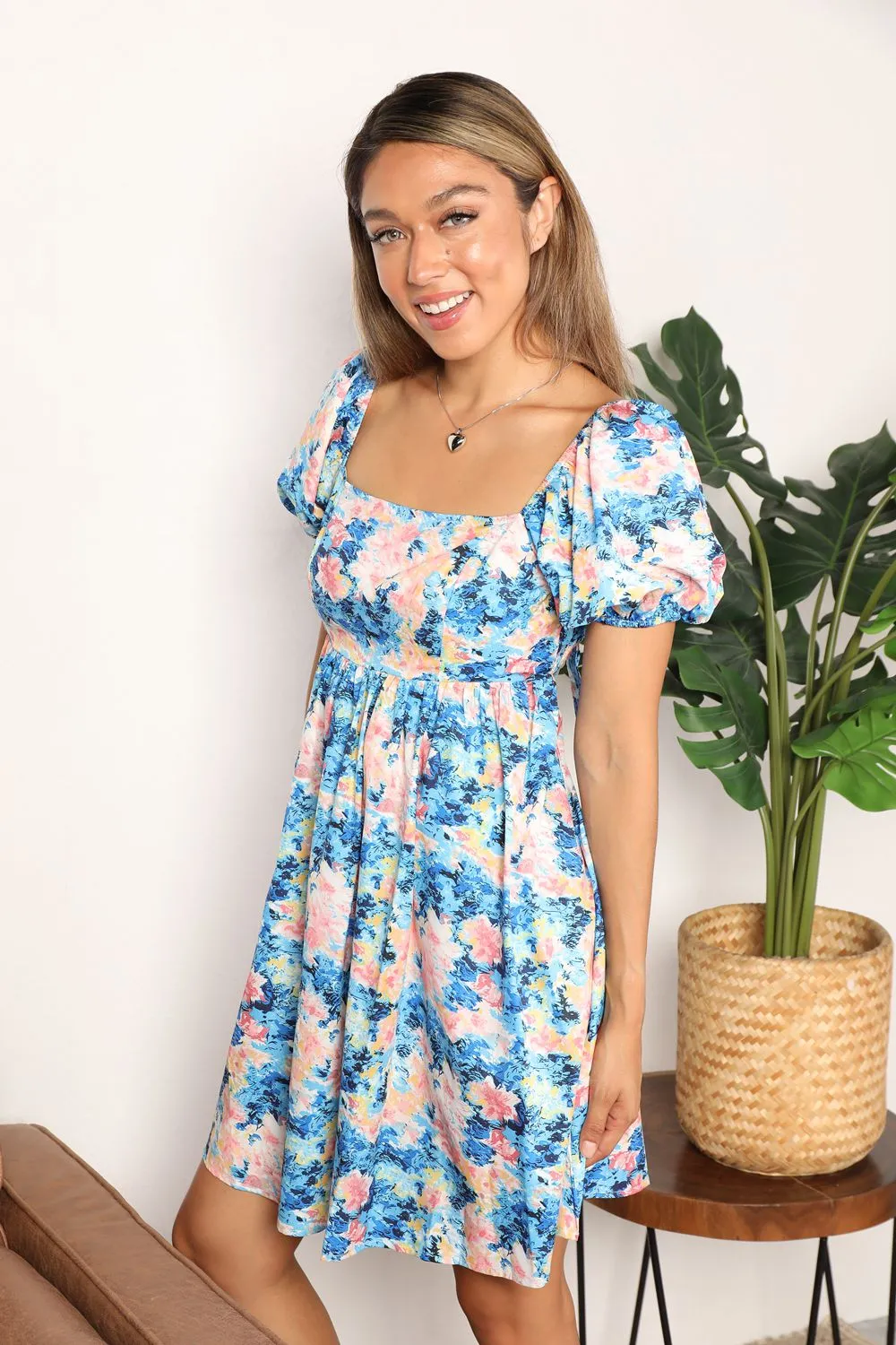 Honey Floral Square Neck Puff Sleeve Dress