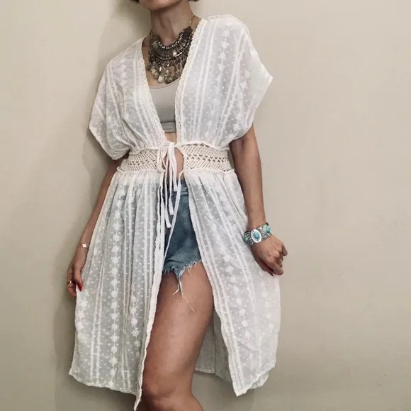 House Of Harlow 1960 Cream Sheer Lace Crochet Cardigan Duster Cover Up One Size