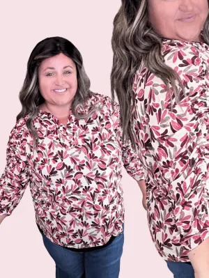 Janine Brushstroke Top w/Ruched Sleeve in Taupe Berry