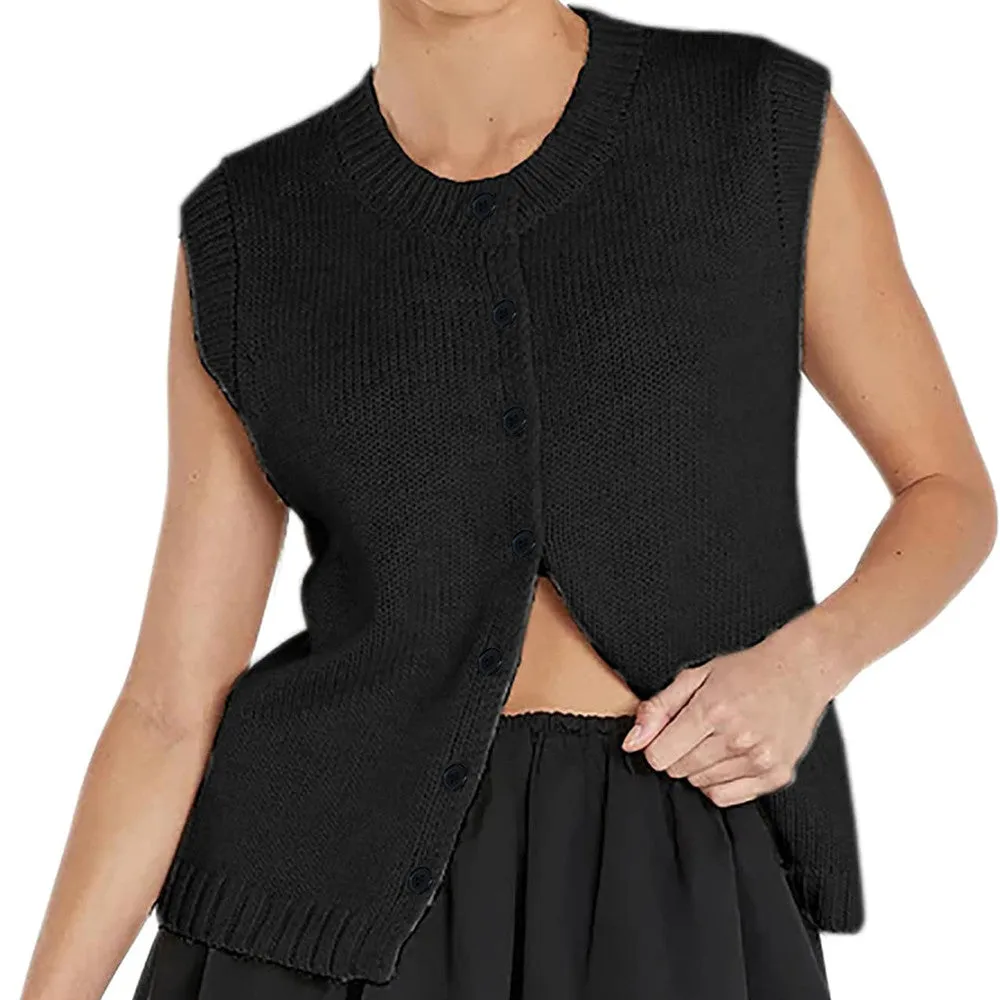 JazzHer Autumn Fashion Knitted Vests Top For Women Casual Single-Breasted Knitwear Cardigan Tanks Female Solid Sleeveless Sweaters Vest