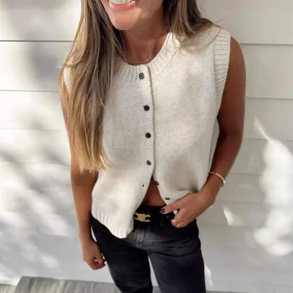 JazzHer Autumn Fashion Knitted Vests Top For Women Casual Single-Breasted Knitwear Cardigan Tanks Female Solid Sleeveless Sweaters Vest