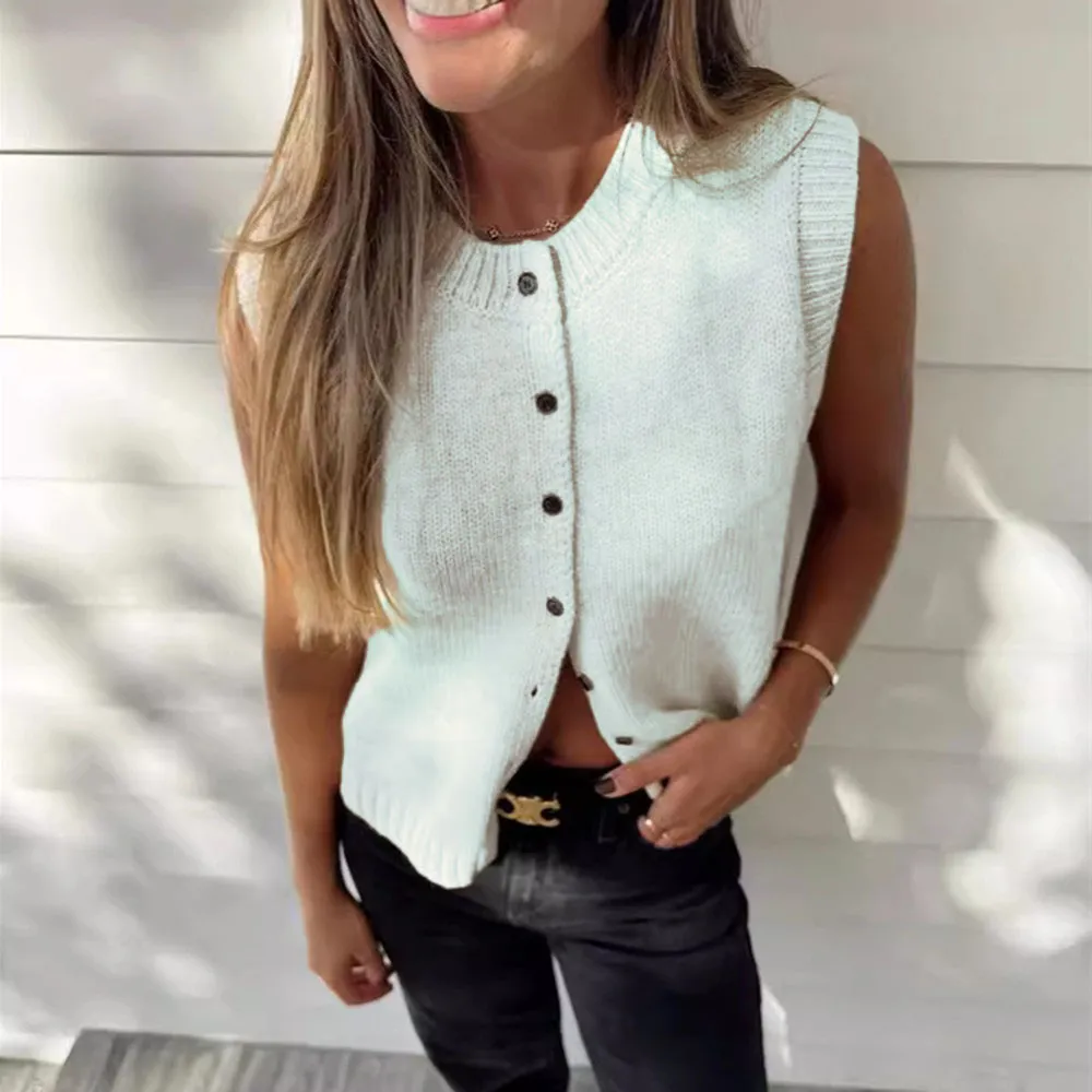 JazzHer Autumn Fashion Knitted Vests Top For Women Casual Single-Breasted Knitwear Cardigan Tanks Female Solid Sleeveless Sweaters Vest