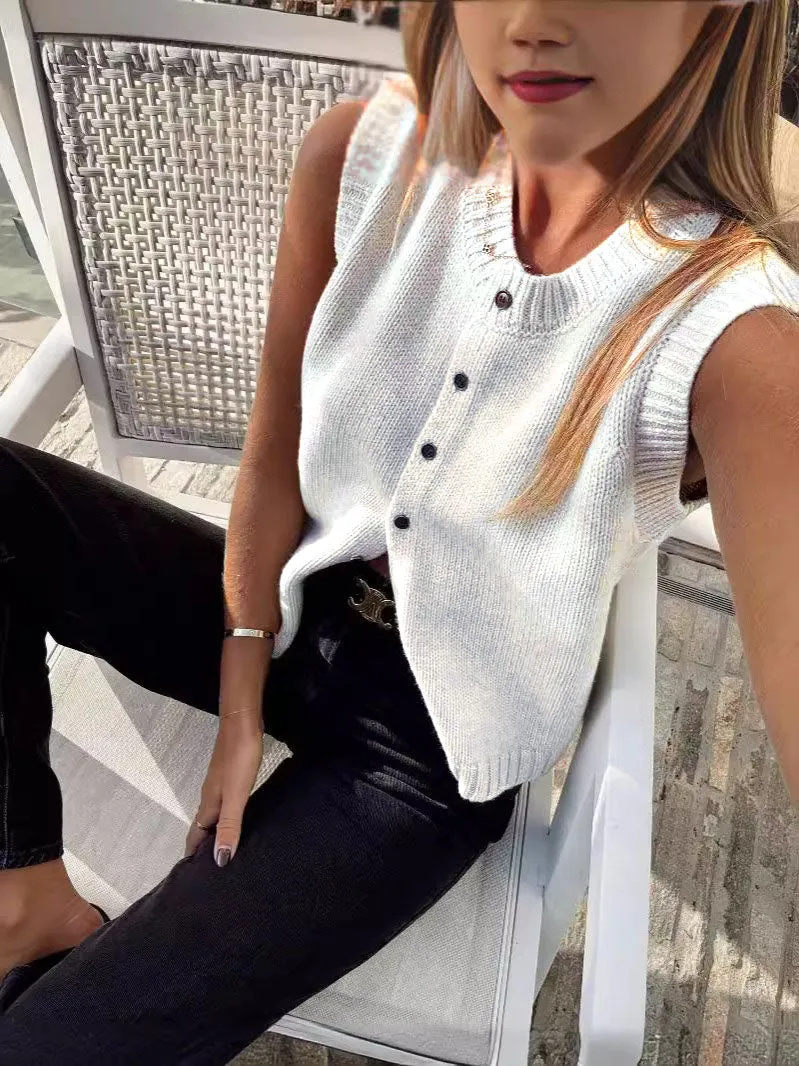 JazzHer Autumn Fashion Knitted Vests Top For Women Casual Single-Breasted Knitwear Cardigan Tanks Female Solid Sleeveless Sweaters Vest