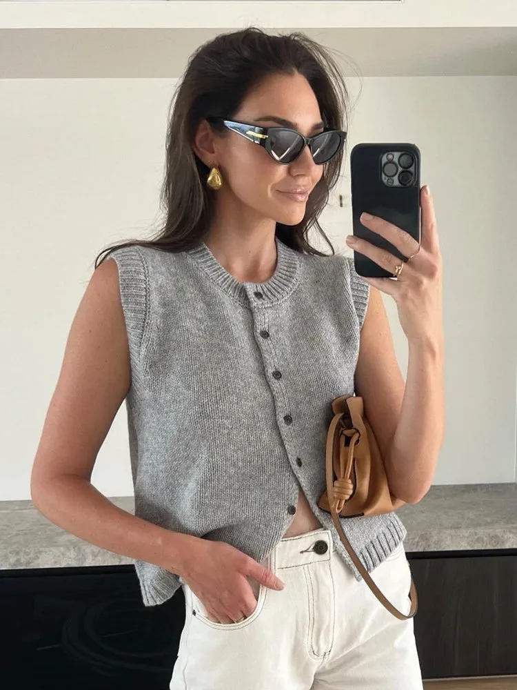 JazzHer Autumn Fashion Knitted Vests Top For Women Casual Single-Breasted Knitwear Cardigan Tanks Female Solid Sleeveless Sweaters Vest