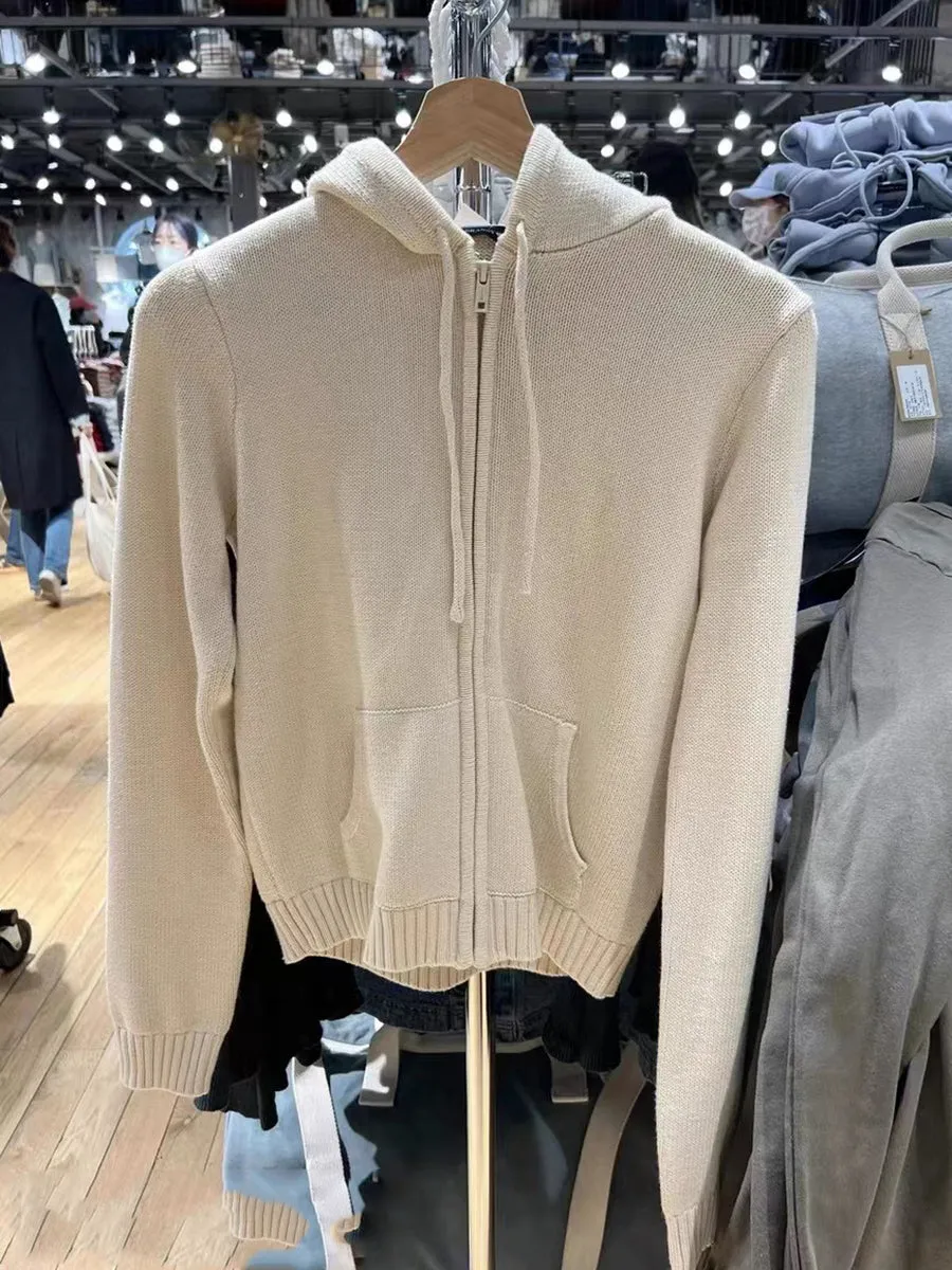 JazzHer Sweet Cute Solid Knitted Cardigan Sweater Women Autumn Winter Hooded Zipper Cotton Tops Streetwear Fashion Y2k Clothes Sweaters