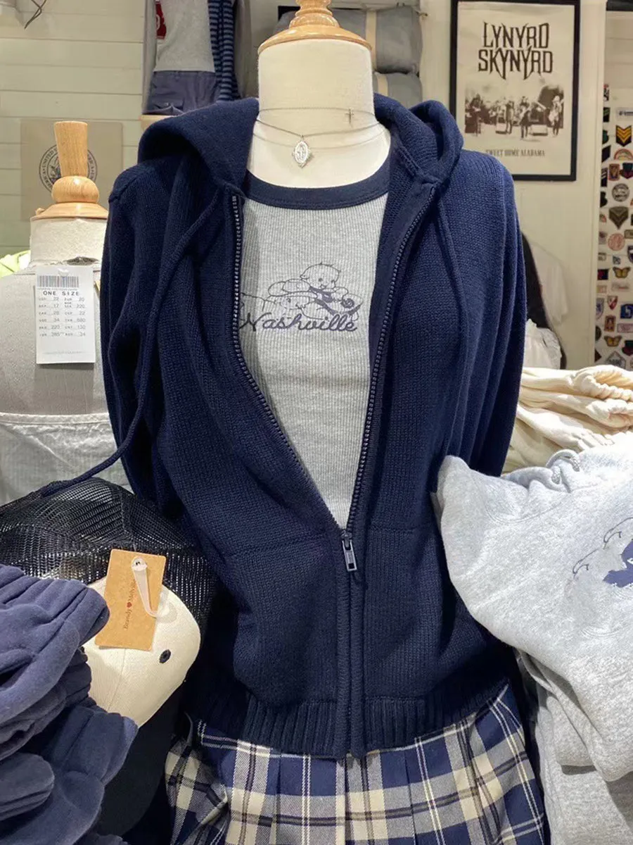JazzHer Sweet Cute Solid Knitted Cardigan Sweater Women Autumn Winter Hooded Zipper Cotton Tops Streetwear Fashion Y2k Clothes Sweaters