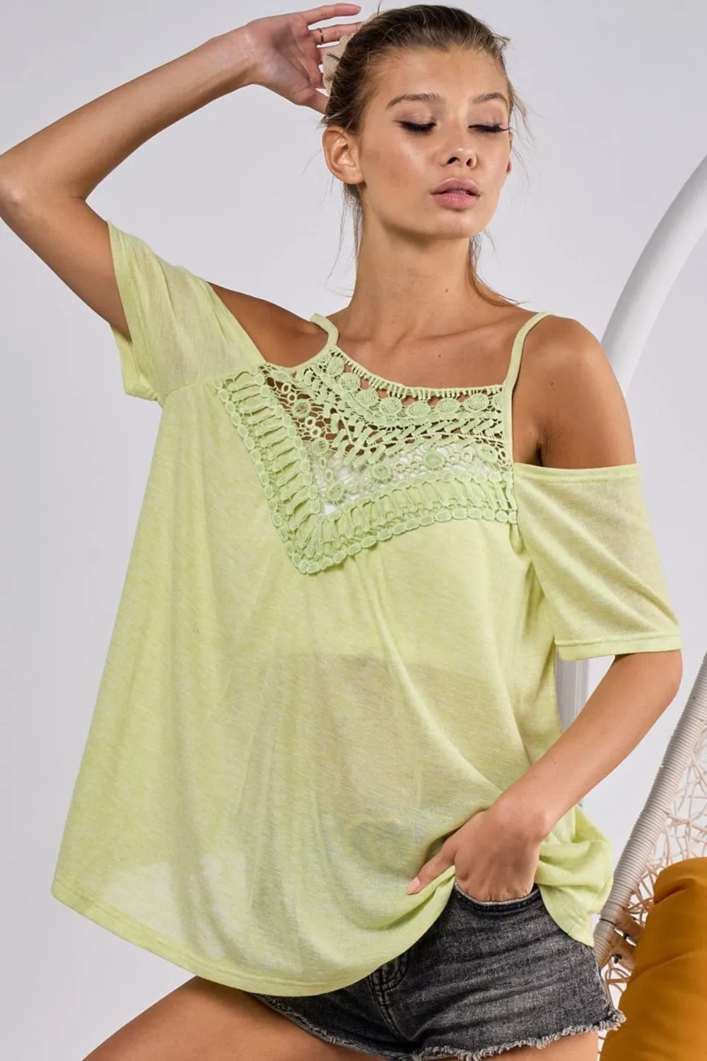 Jesse Lime Front Crochet Lace Adjustable Strap Top - Online Exclusive