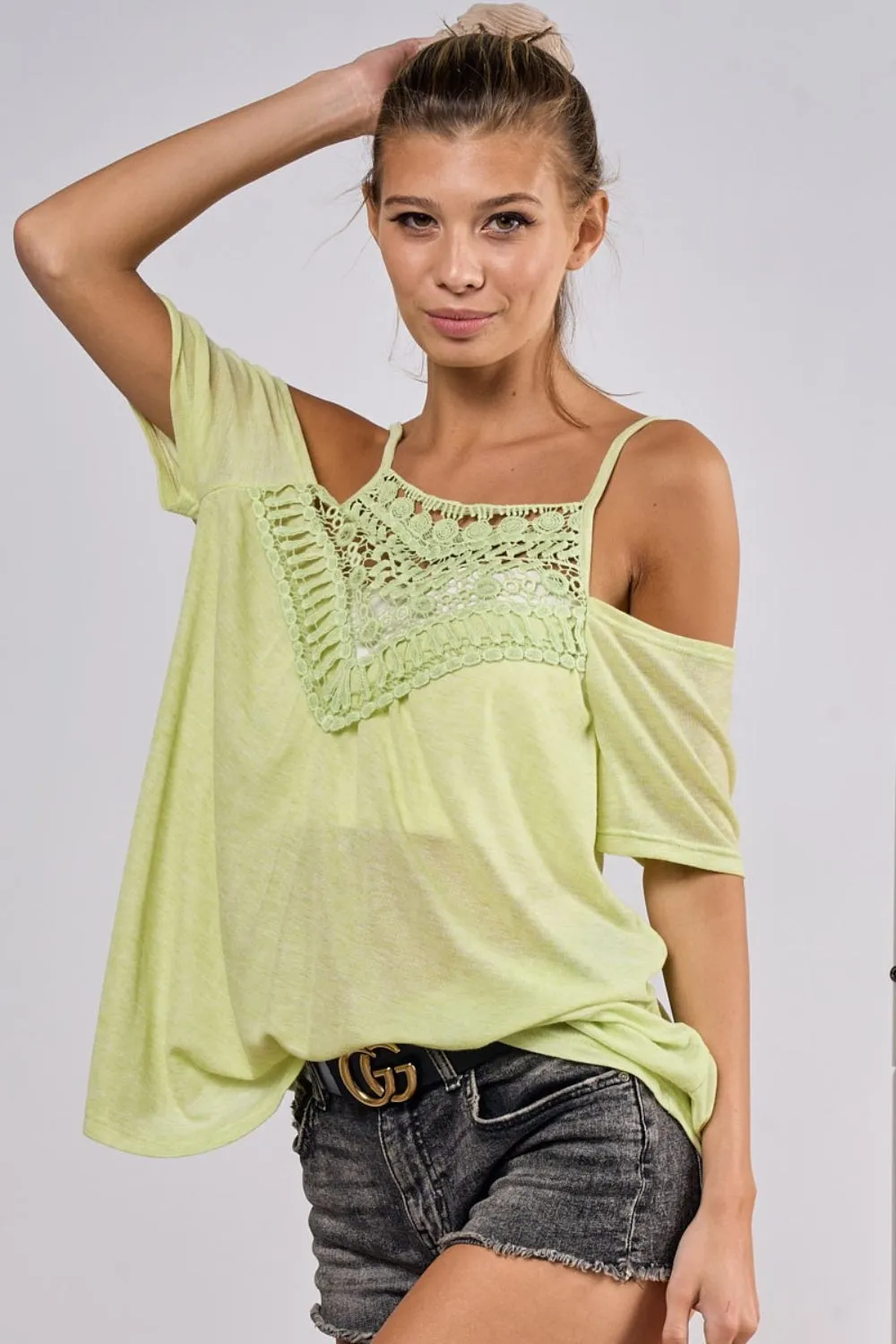 Jesse Lime Front Crochet Lace Adjustable Strap Top - Online Exclusive