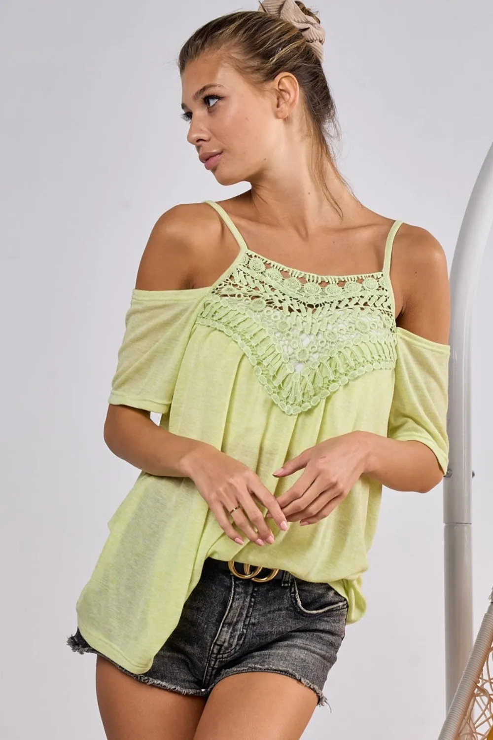 Jesse Lime Front Crochet Lace Adjustable Strap Top - Online Exclusive