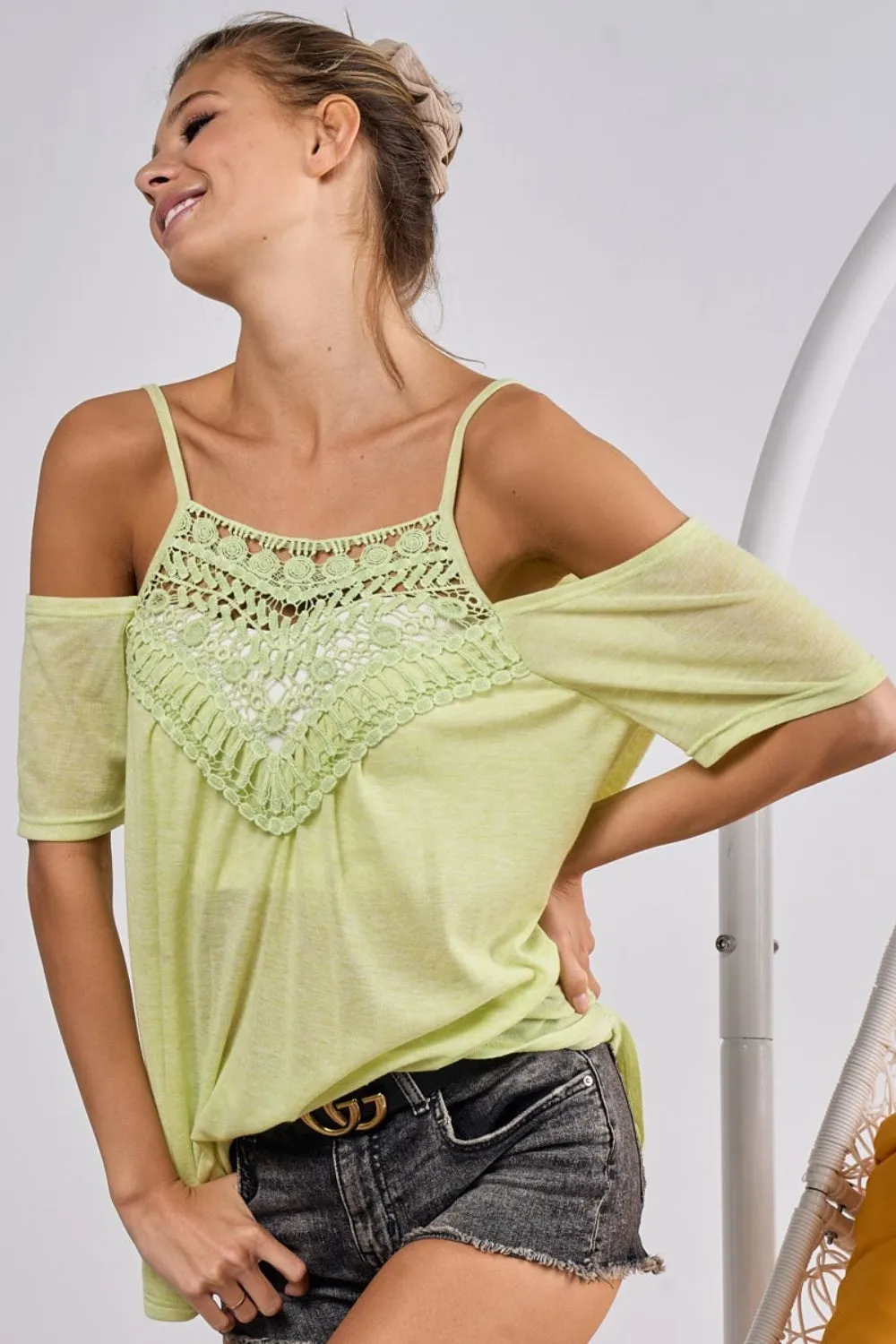 Jesse Lime Front Crochet Lace Adjustable Strap Top - Online Exclusive