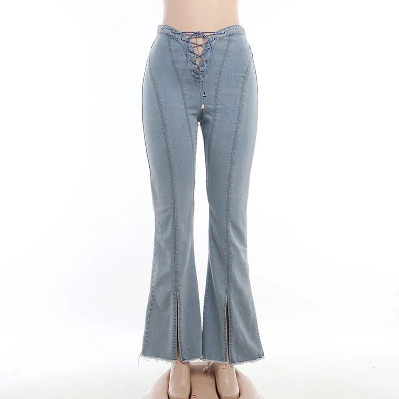 KH23007High Waist Sexy Lace-up Cutout Split Jeans European and American Autumn New Fashion Straight Trousers for Women