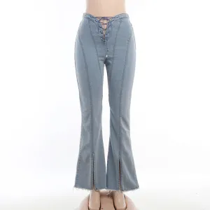 KH23007High Waist Sexy Lace-up Cutout Split Jeans European and American Autumn New Fashion Straight Trousers for Women