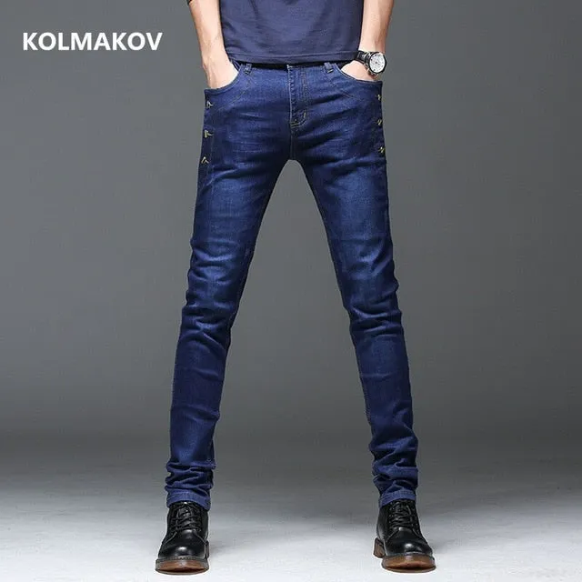 KOLMAKOV 2020 New Mens Denim Jeans Straight Full Length Pants with High Elasticity Slim Pants for Man Fashion Mid-waist Jeans