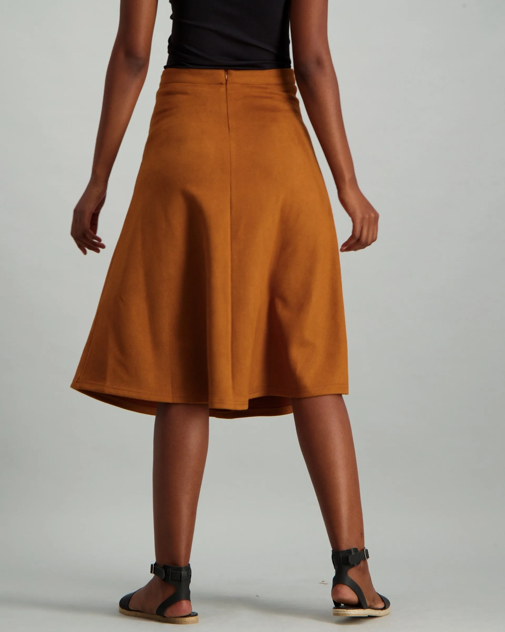 Ladies Button Though Suede Skirt - Tan