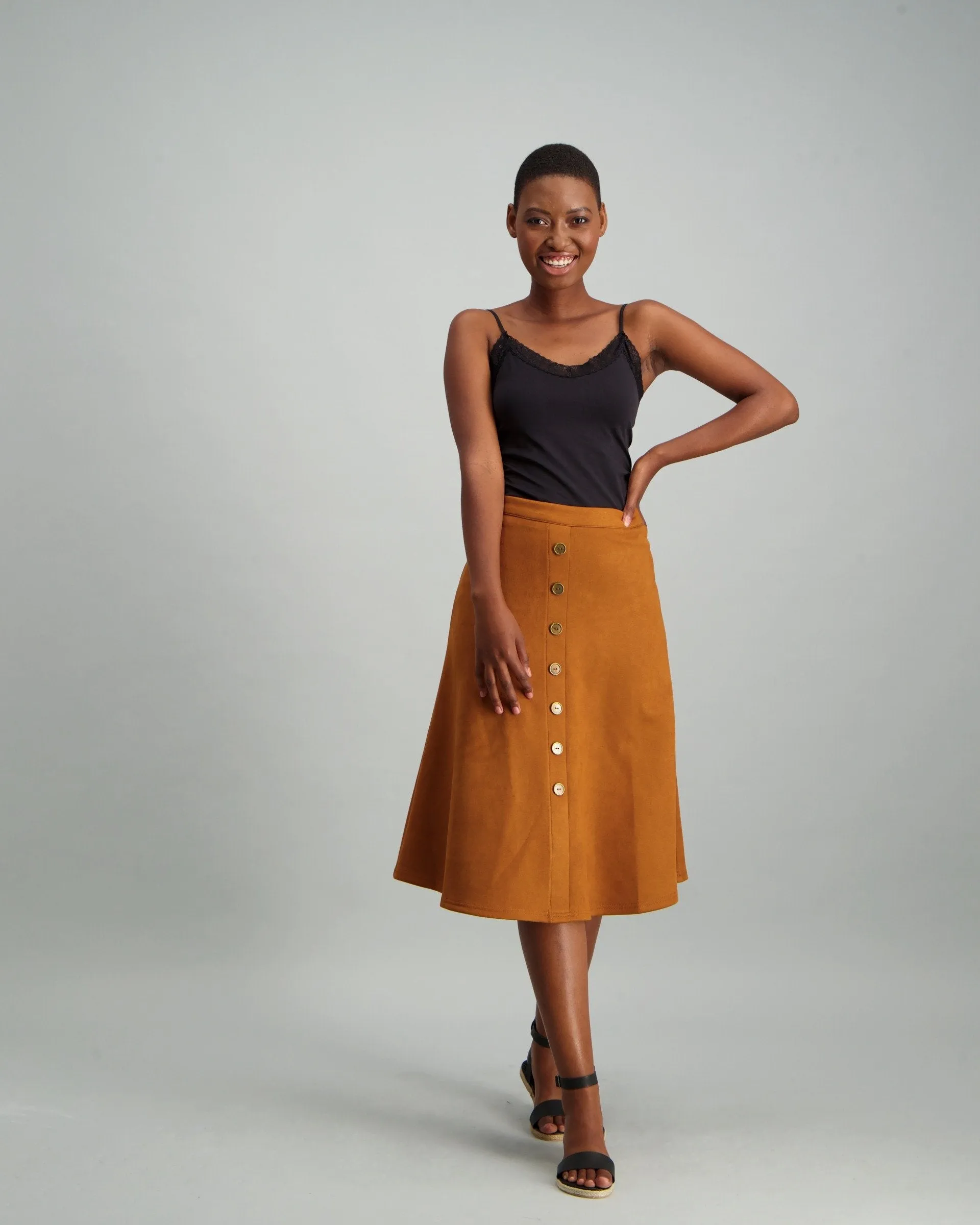 Ladies Button Though Suede Skirt - Tan