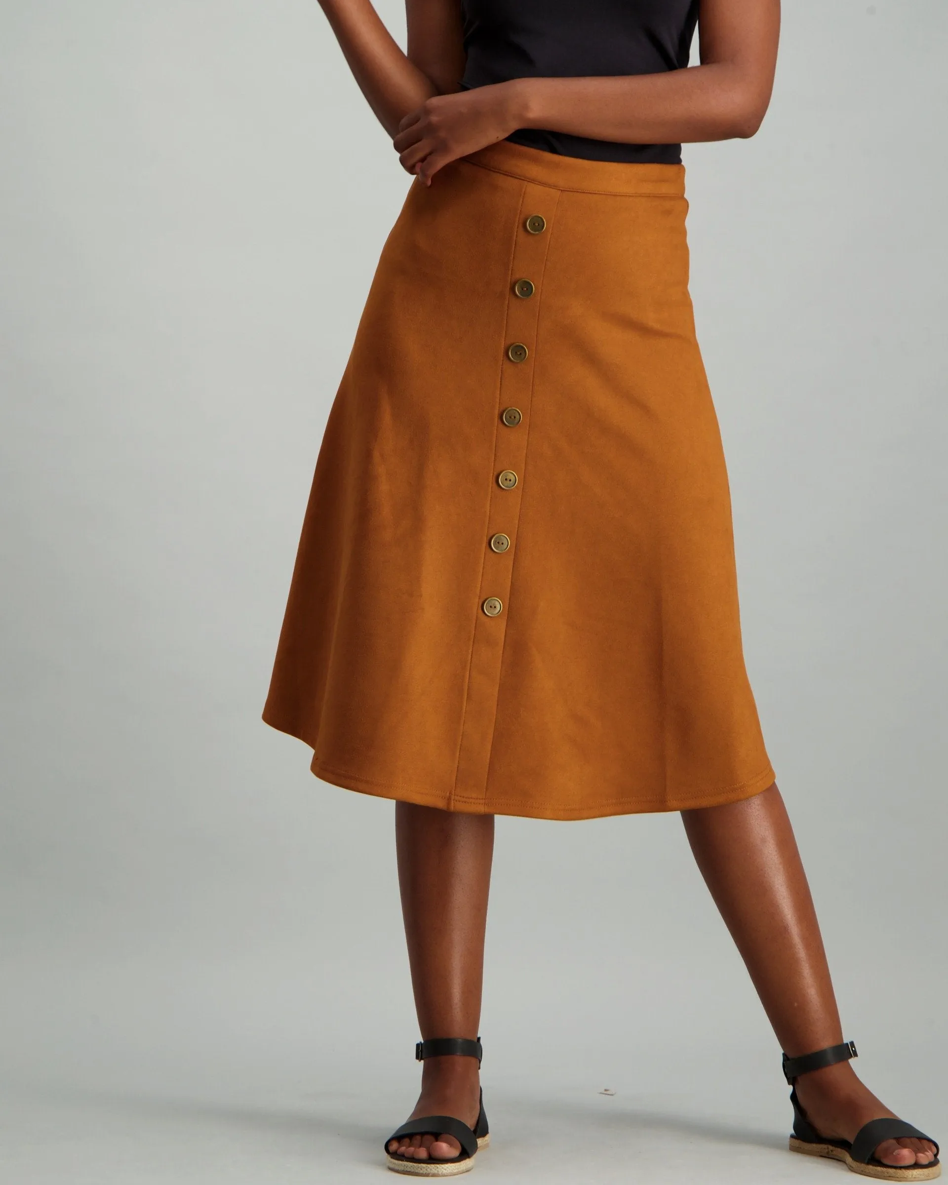 Ladies Button Though Suede Skirt - Tan