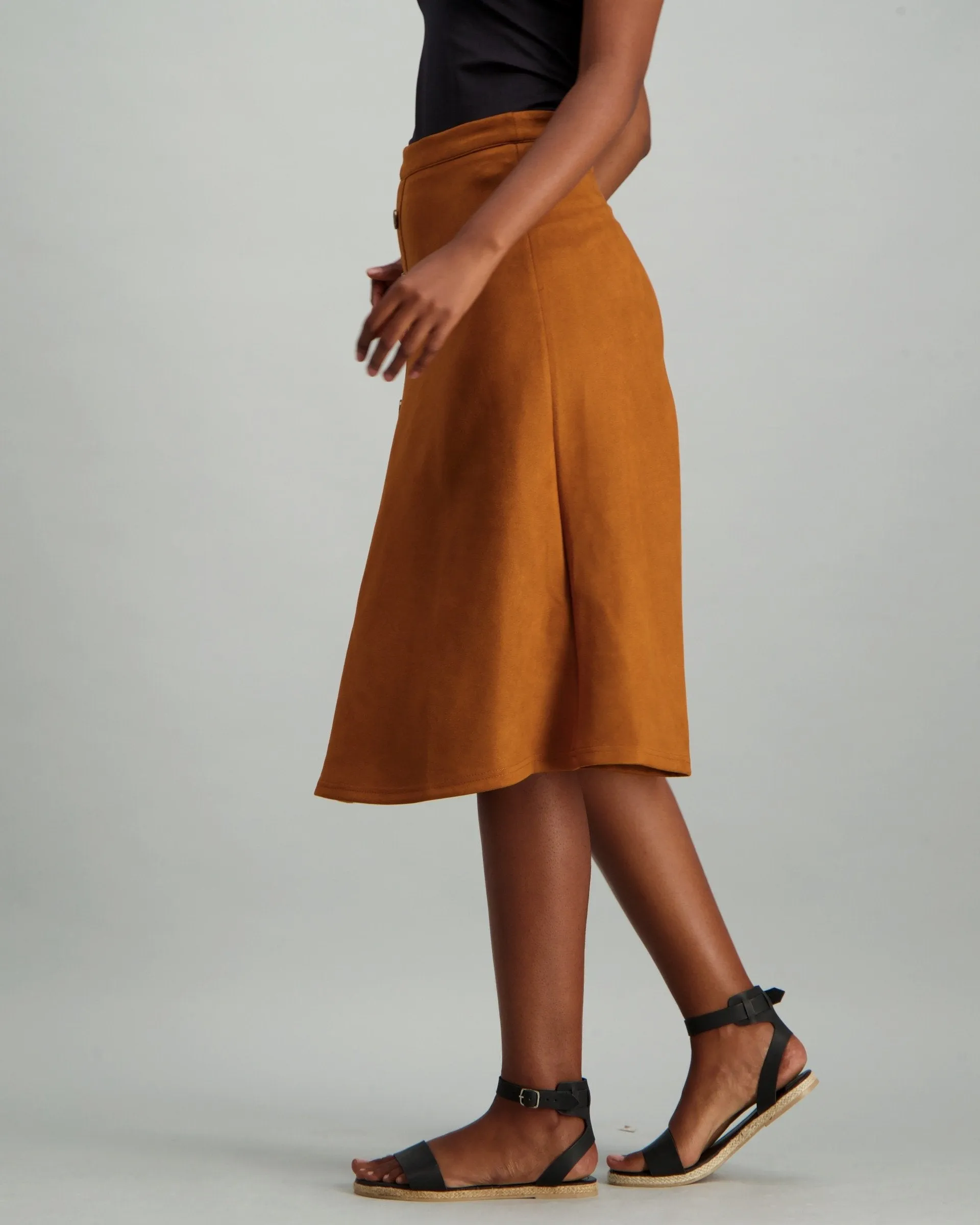 Ladies Button Though Suede Skirt - Tan